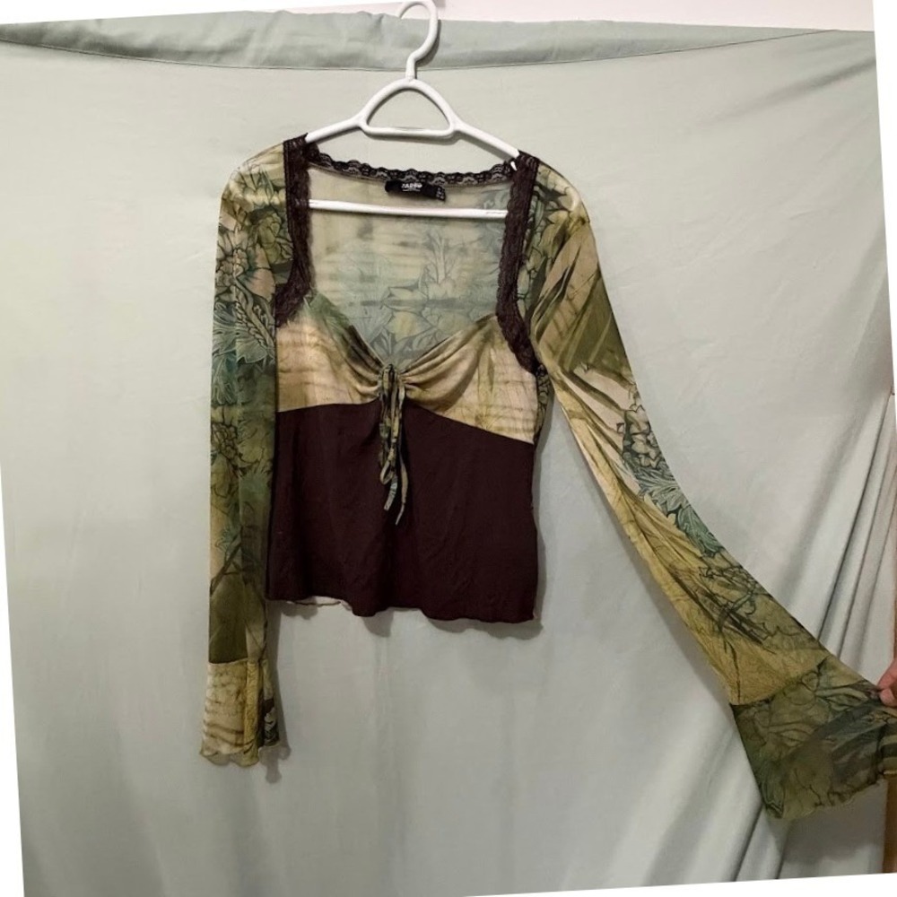 Jaded London Womens 10 Floral Mesh Tie Front Top Lace Trim Bell Sleeves Y2K